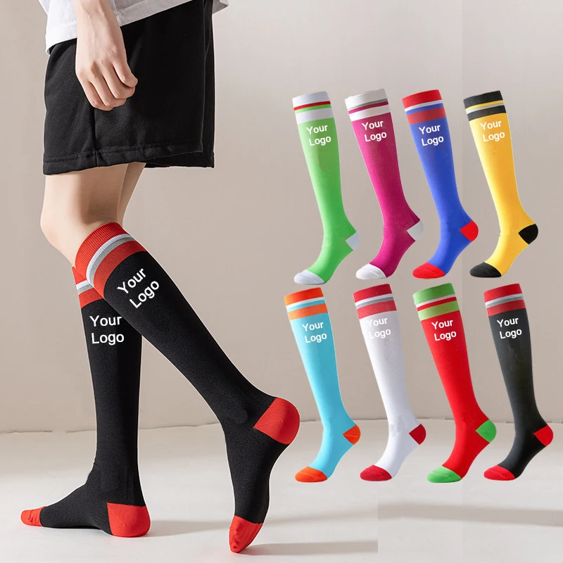 Wholesale Solid Color With Striped Cuff Custom Your Own Logo Knee High Sports Compression Socks