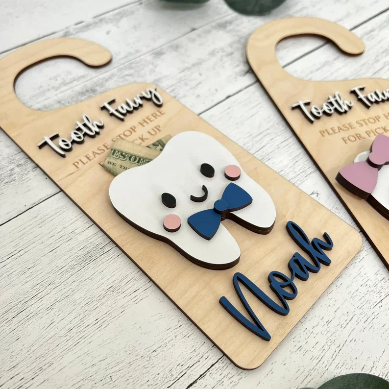 Encourage Gift for Kids Room Decor  Tooth Fairy Door Hanger wooden  tooth fairy  money  Holder