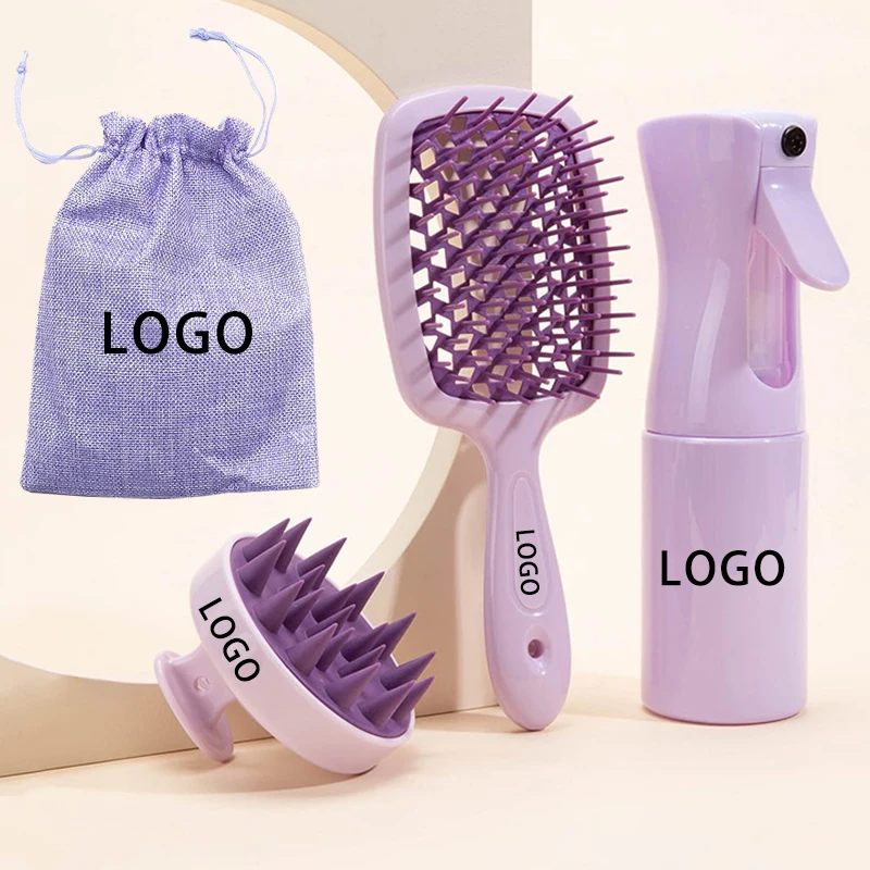 Customized Logo Hair Detangling Brush Spray Bottle Silicone Hair Straightener Brush Comb Set With Customized Cotton Bag