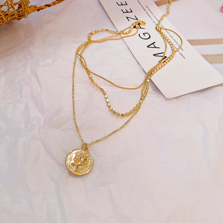 2020 fashion three layer coin gold pendant necklace
