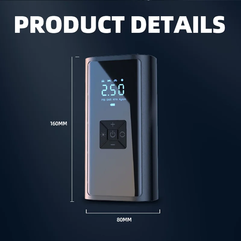 4000 mAh Large Battery Capacity Mini Portable Rechargeable Air Pump Compressor Quickly Inflate High Definition Display Piston