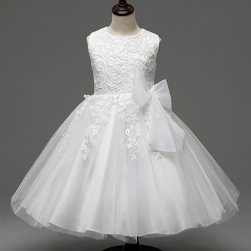 Sleeveless kid girl dress party pretty princess communion dress white