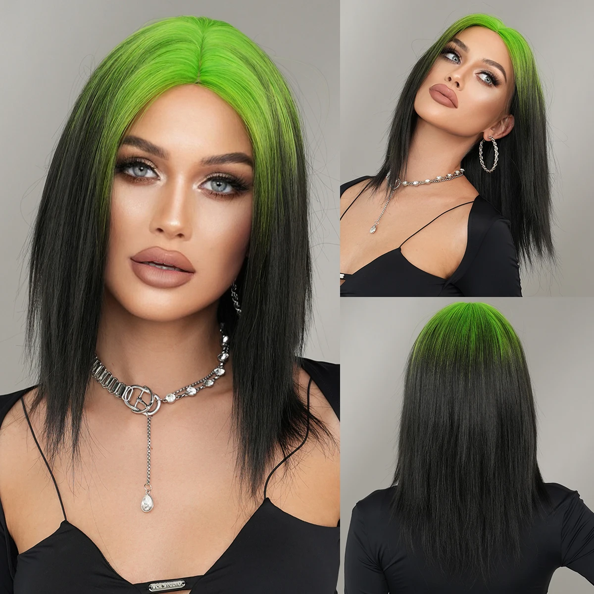 Billie Eilish Cosplay Halloween Hot Sale Ombre Green Wig with Bangs Middle Length Straight Wig for Women  Drag Queen Hair Wig