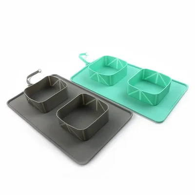 Outdoor portable dog food bowl, silicone folding bowl, non-slip double bowl