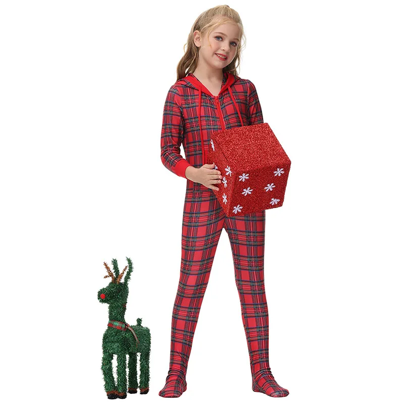High Quality Hooded Pocket Long Sleeve Sexy Sleepwears Snow Plaid Nightgown Pajama Night Family Onesie Pajamas