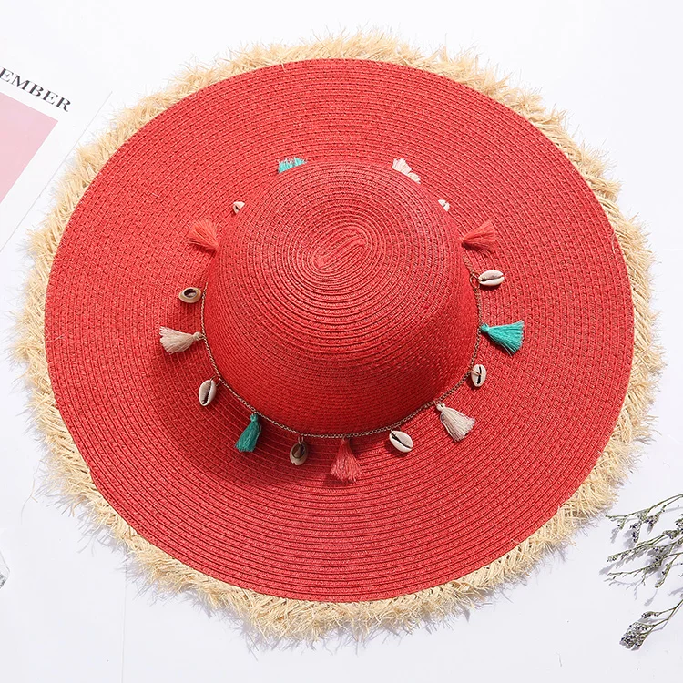 2022 New Fashion Wholesale Beauty Lady Bohemia  Sun Straw Hat Large Brim Shell  Beach String Straw Hat