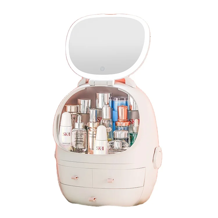 Large Makeup Storage Dressing Box LED Light Mirror Type Dustproof Durable Dressing Box Cosmetics Storage Box