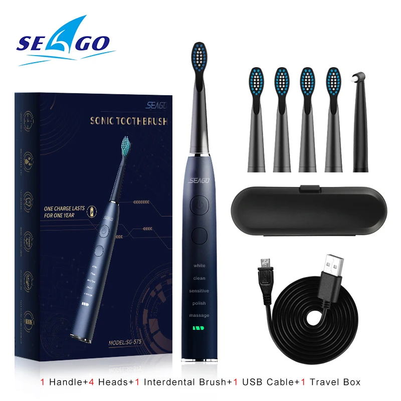  SEAGO SG575 оптовая продажа Sonic зубная щётка Перезаряжаемые 5 режимов чистки электрическая щетка с шт. сменные насадки для зубной щетки