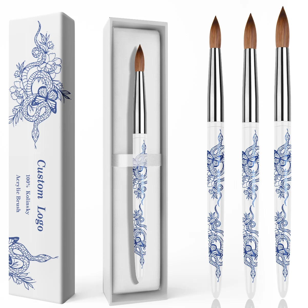 2025 Luxury USA Size Acrylic Brush Kolinsky Snake Printing Metal Handle 100% Kolinsky Acrylic Nail Brush