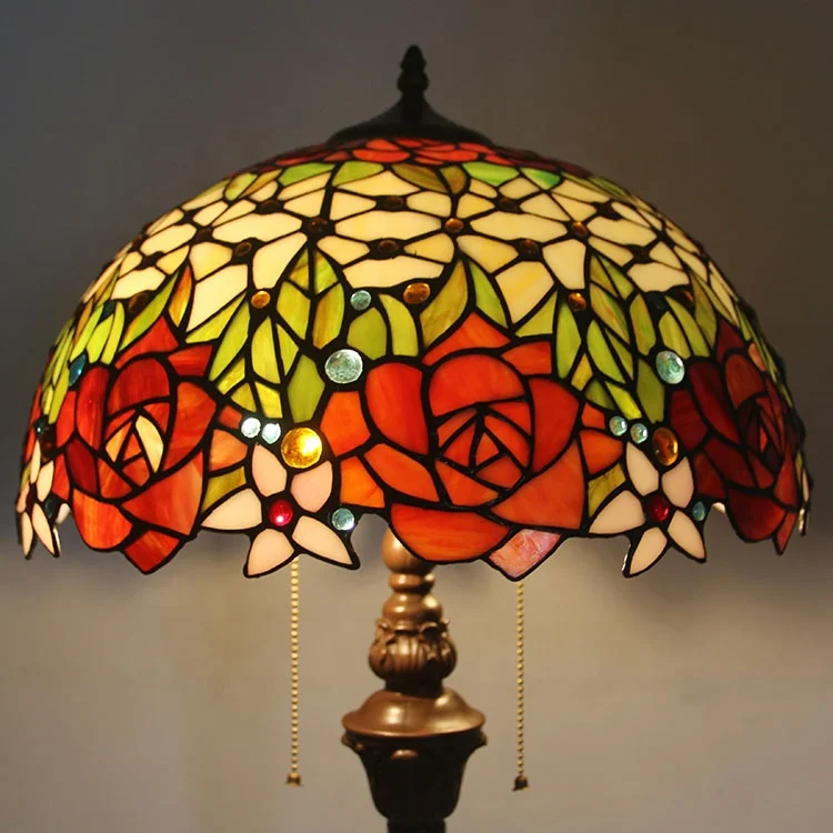 LongHuiJing Tiffany Floor Lamp with Stained Glass Rose Pattern Shade