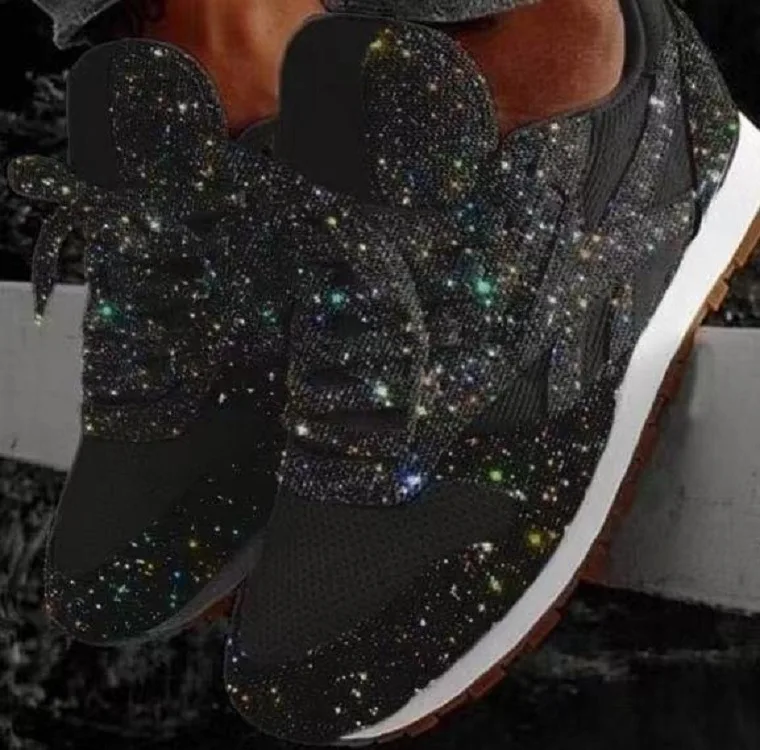 Plus Size Summer Women Flat Shining Sneakers Outdoor Walking Ladies Vulcanized Shoe Mesh Breathable Bling Casual Sport Shoes