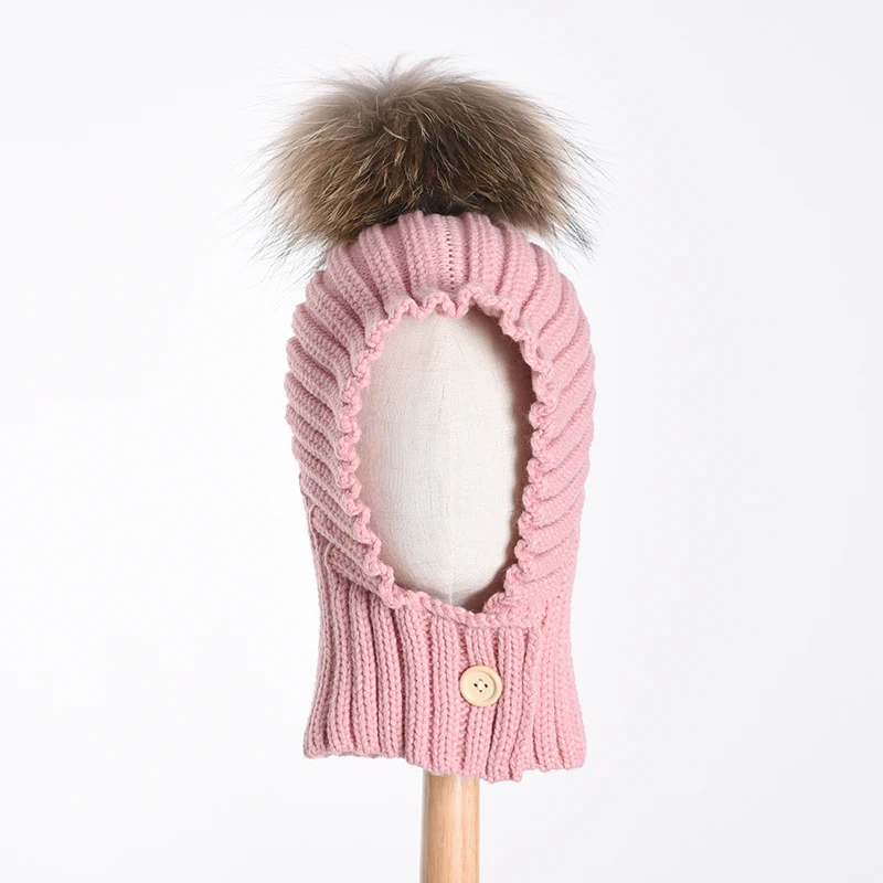 KAZUFUR Acrylic SKI Face Mask Beanie Hat Kids Children Knitted Hats With Fur Pom Poms