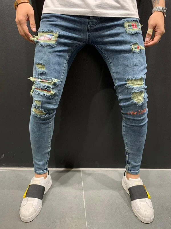 
Stylish Designer Mens Jeans Scratch Pants Embroidery Skinny New Design Custom Colombiano Ripped Denim Jeans Pant Men 