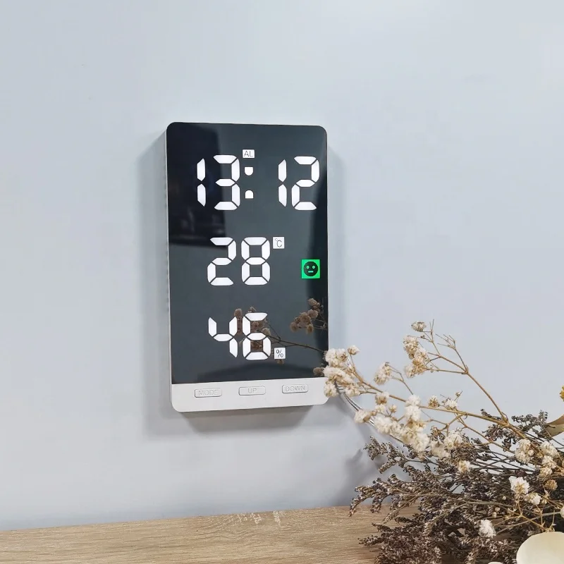 Ultra Thin Hygrometer andThermometer LED Mirror Alarm Table Wall Clock Snooze Night Mode Clock