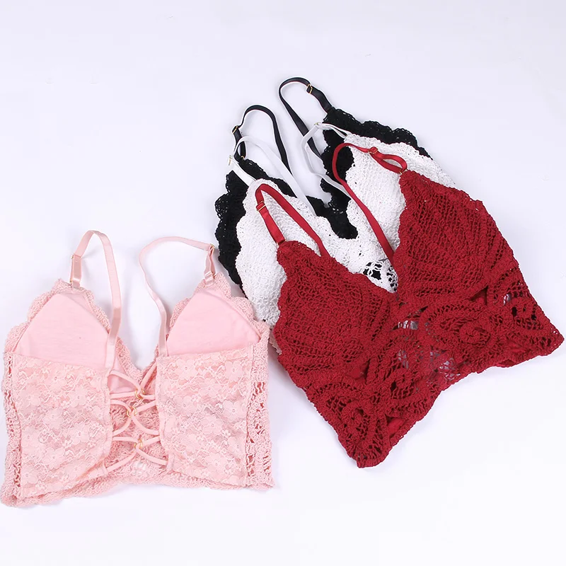 French Crocheted Thin Lingerie Lady Wrapped Camisole Top Sexy Lace Vest Wireless Padded Bras For Women