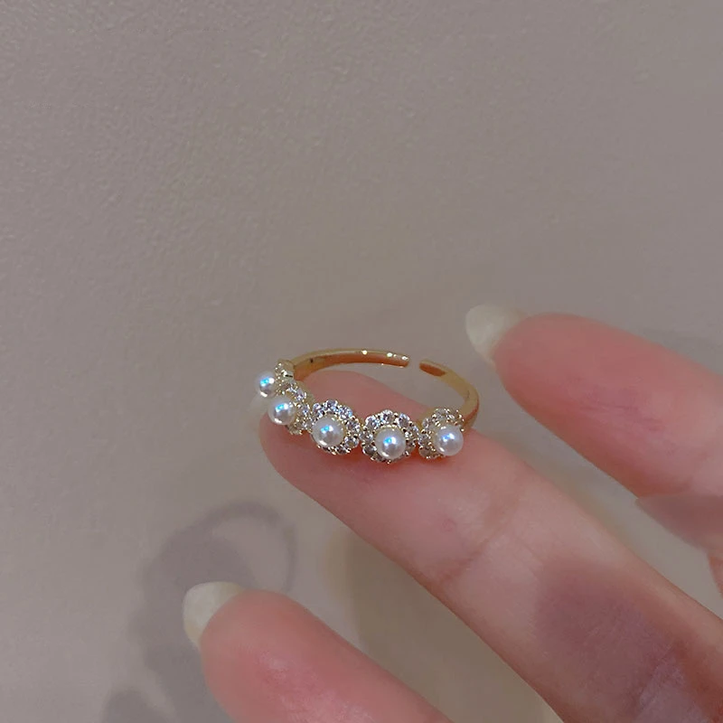 Exquisite Wedding Jewelry Multilayer Rhinestone Oval Open Women Sweet Romantic Adjustable Smart Pearl Ring