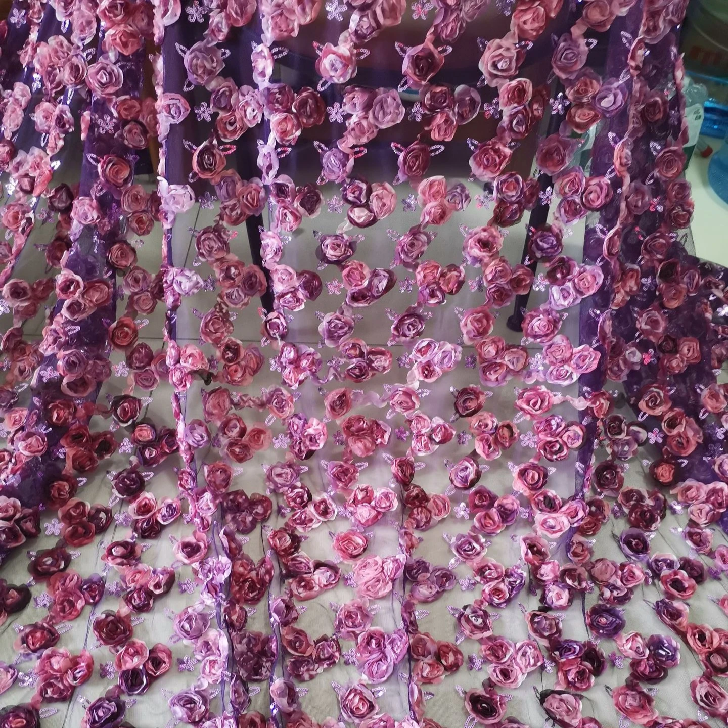 3D bead embroidery mesh rose flower PET bead embroidery mesh dress fabric