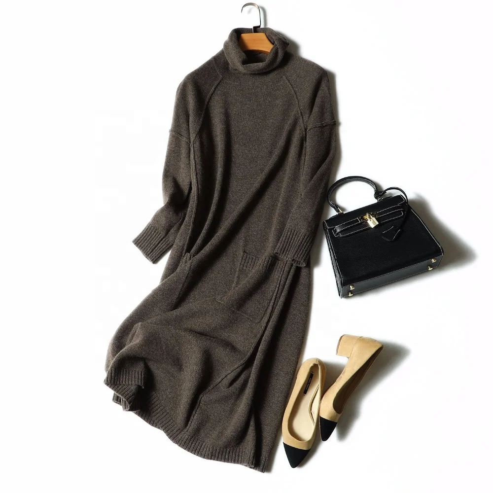 Winter fashion turtleneck warm cashmere sweater turtleneck dress long sleeve knit dress for women
