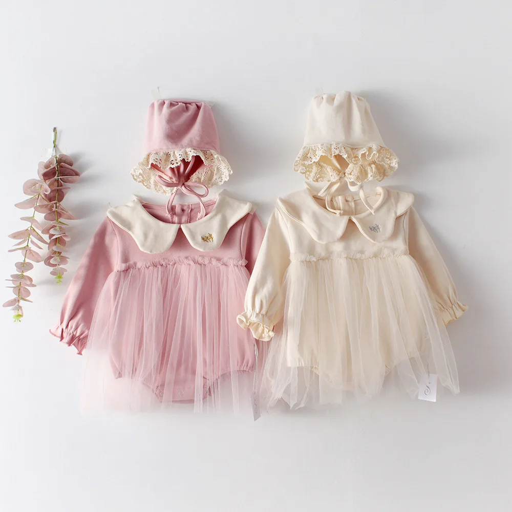 Ins Infant Toddler Baby Girls Clothes Preemie Newborn Baby Long Sleeve Doll Embroidered Net Yarn Cotton Romper Dress With Hat