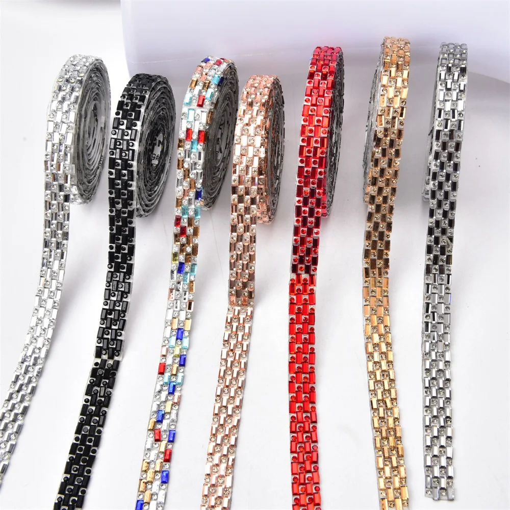 Self Adhesive Crystal Ribbon Rectangle Arrangement Rhinestone Strips Iron on Strass Applique Trim Clothes Wedding Decoration