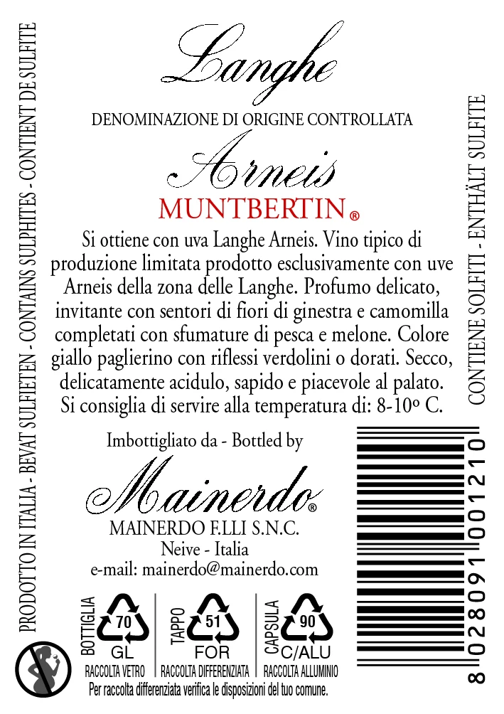 Langhe Arneis dop, Italian White Dry Wine  from Langhe region, Piedmont, available in 75 cl and 37.5 cl bottle