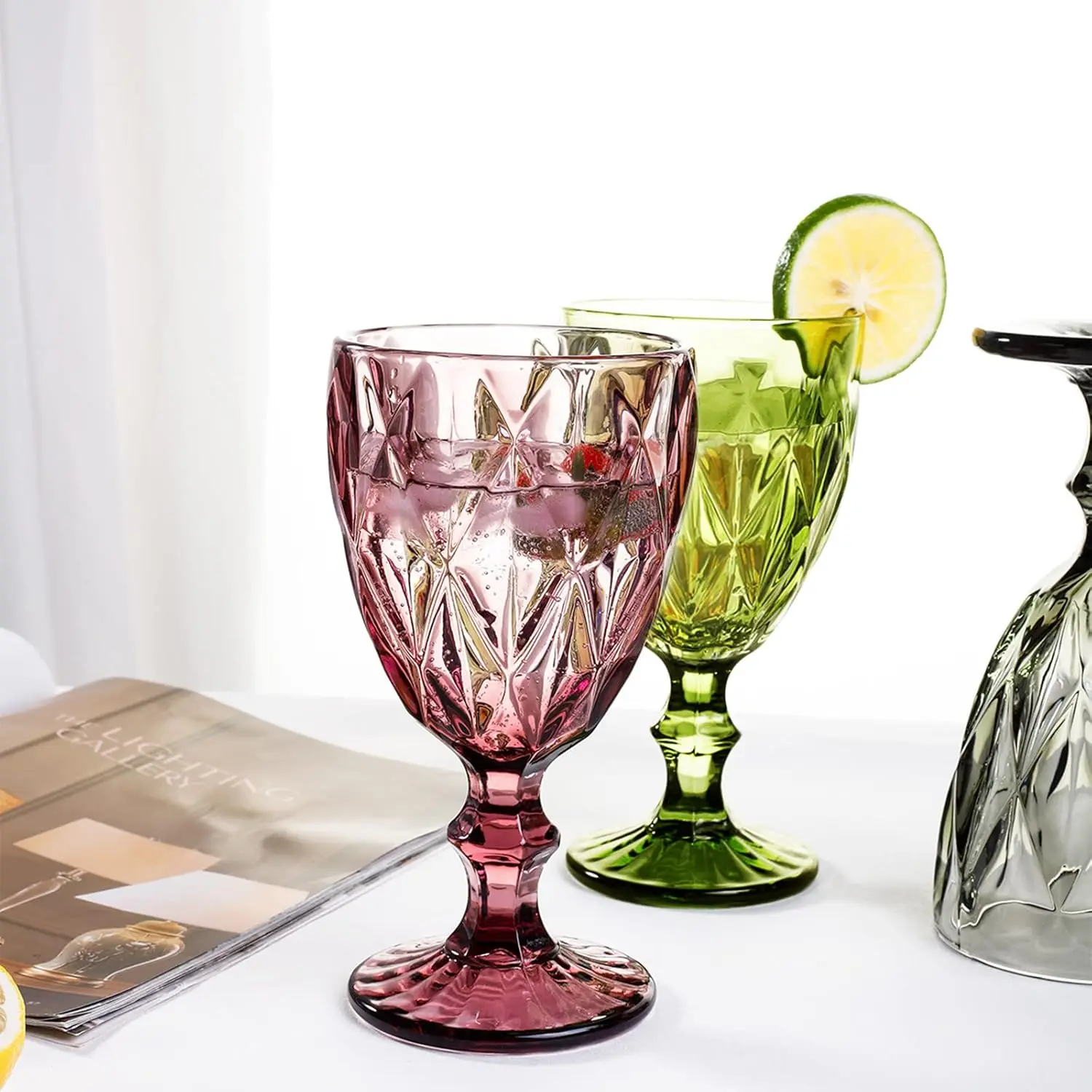 12 Ounce Vintage Unique Embossed Pattern Unbreakable Stemmed Colored Water Wine Glasses Goblets for Wedding Party Bar