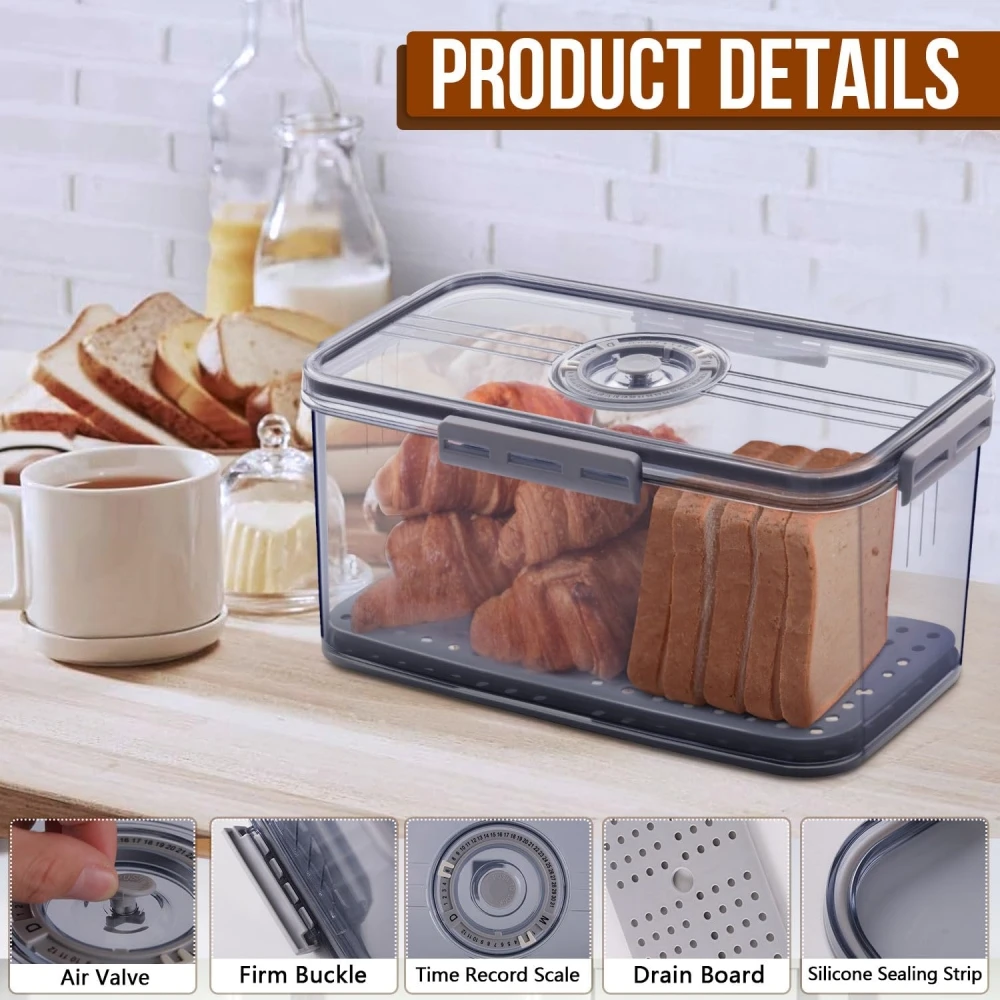 Eco Friendly Dainty Factory Container For Bread Box Plastics Kitchen Counter Airtight Bread Box Grey Storage Bread Container