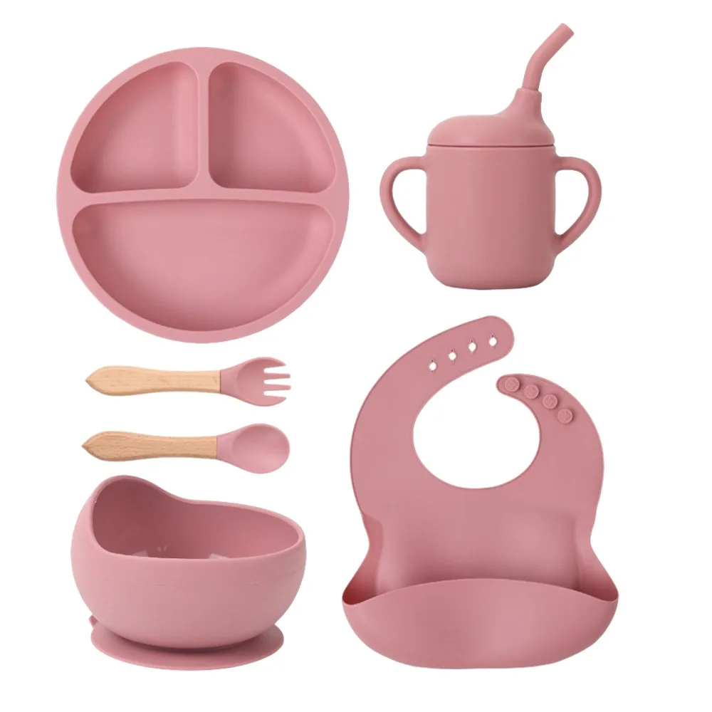 Warehouse Stock Children Dinner Feeding Silicone Tableware Set Baby Bib Suction Bowl Spoon Fork Feeder Plate Cutlery 6Set Baby