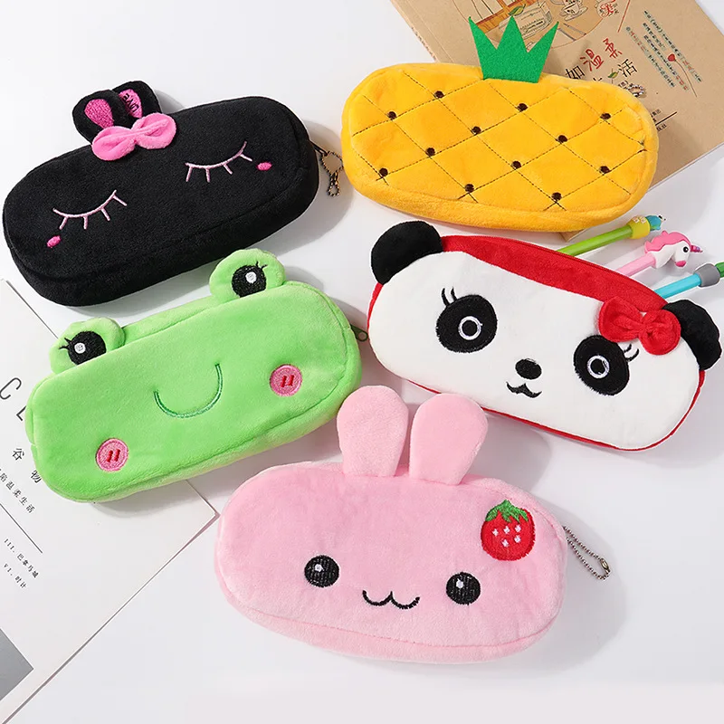 Stock kawaii stationery korean school fashion Various cartoon animal shaped recycled fabric material pen pouch zipper pencil bag