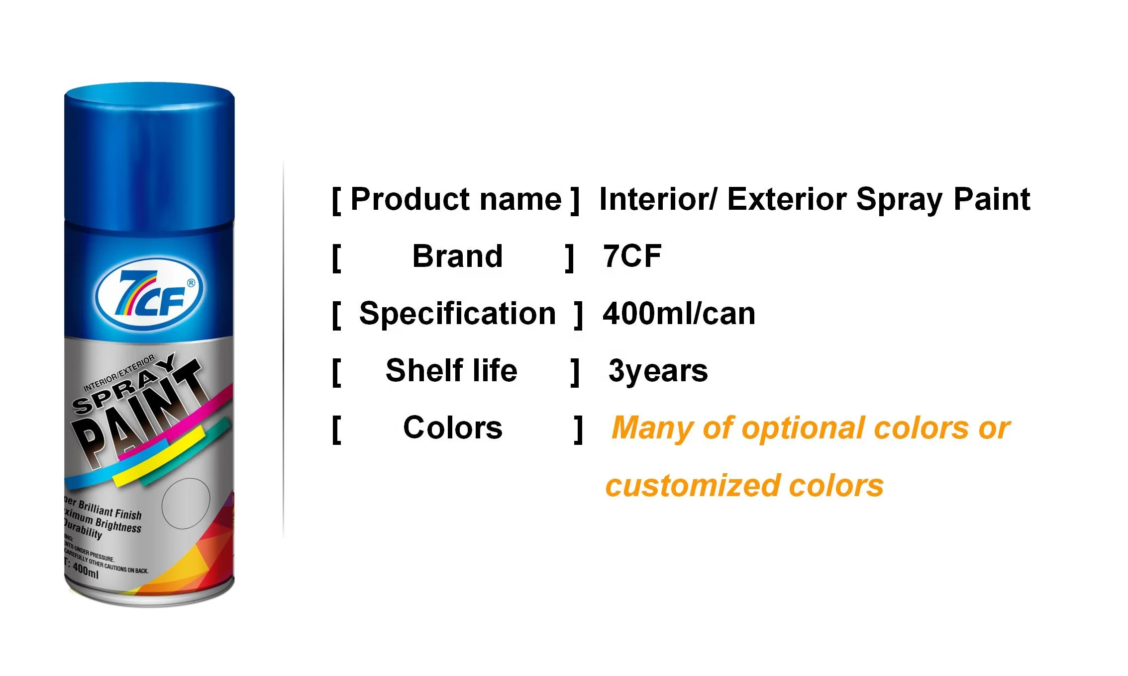 7CF Color Custom Car Spray Paint /Cans Acrylic Spray Aerosol Paint for  Plastic