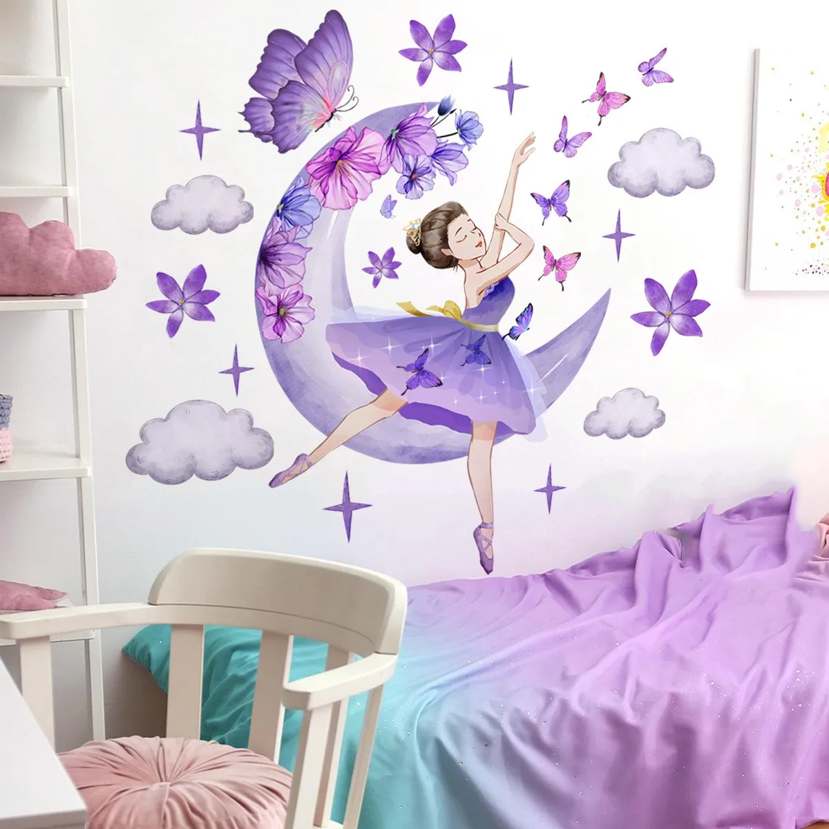 Beautiful Girl Back Pink Dress Wall Stickers Queen Crown Wallpaper Stars and Dots Sticker Home Decor for Living Room Wall Decal