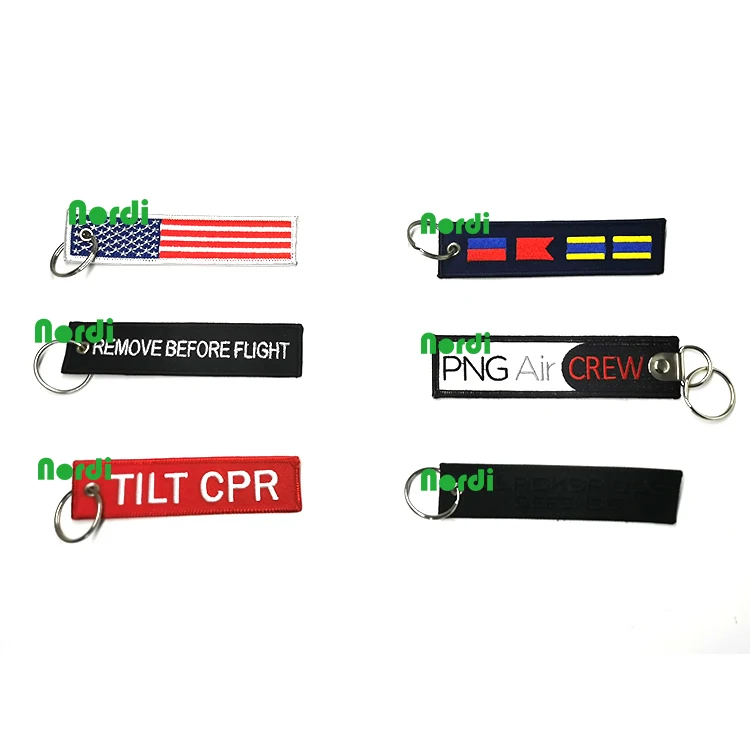 OEM Double Side Embroidery Fabric Keychain Logo Custom Woven Key Tag Key Ring Jet Tag