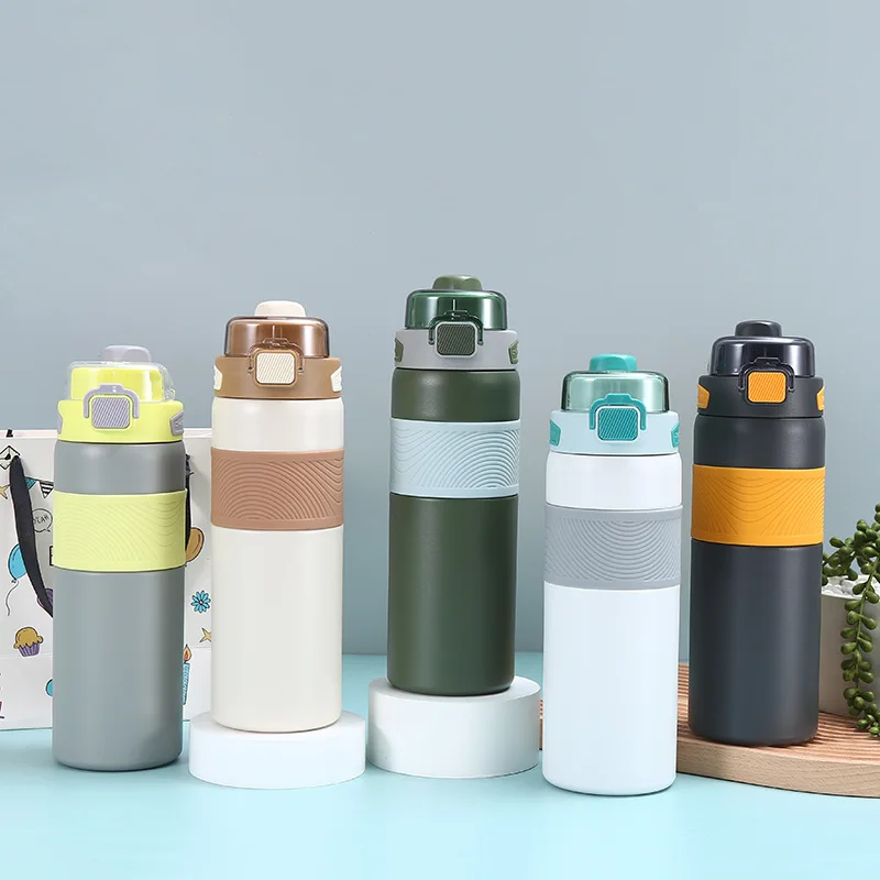 600/800ml New 316 Stainless Steel Thermos with Straw Custom logo Simple Portable Bullet Vacuum Cup Insulated Leather
