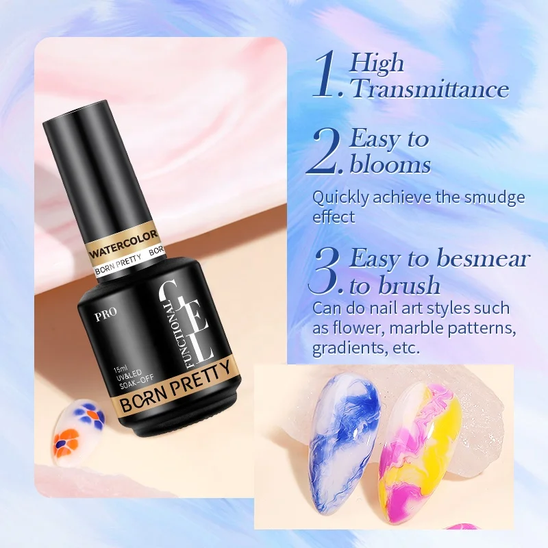 BORN PRETTY 15ml Watercolor Nail Gel UV LED Marble Nails Blooming Semi Permanent Soak Off Nail Art Gel Varnish
