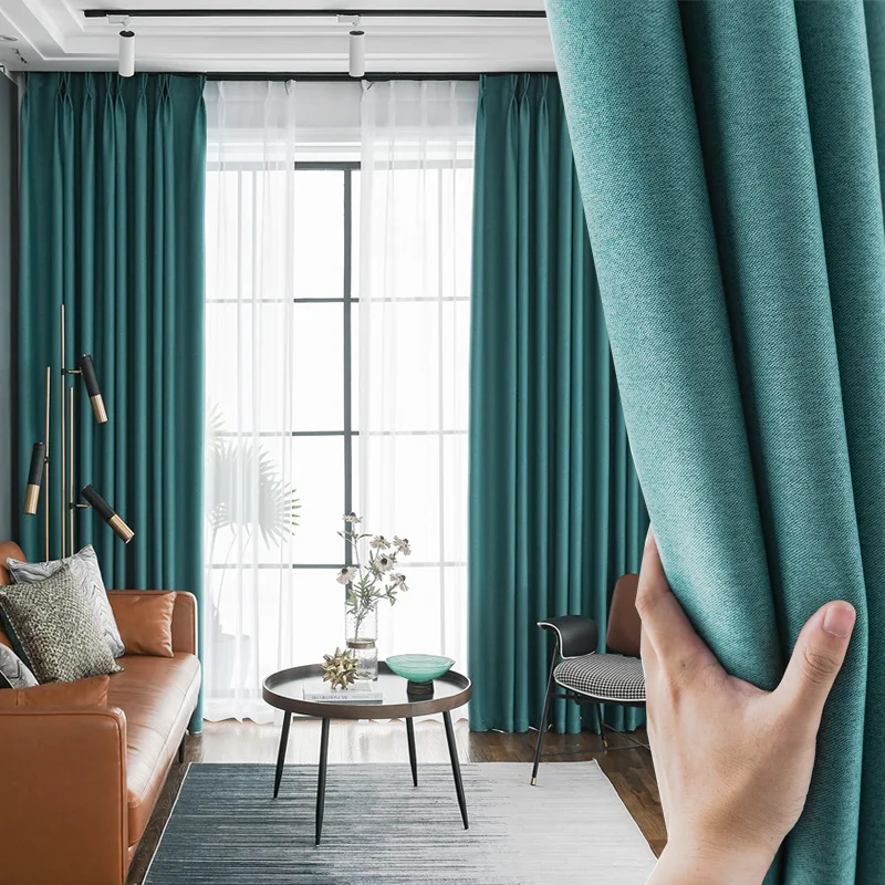 Cheap Nordic Style Blue Double-Sided Hemp Stitching High Shading Plain Color Curtain Fabric for Household