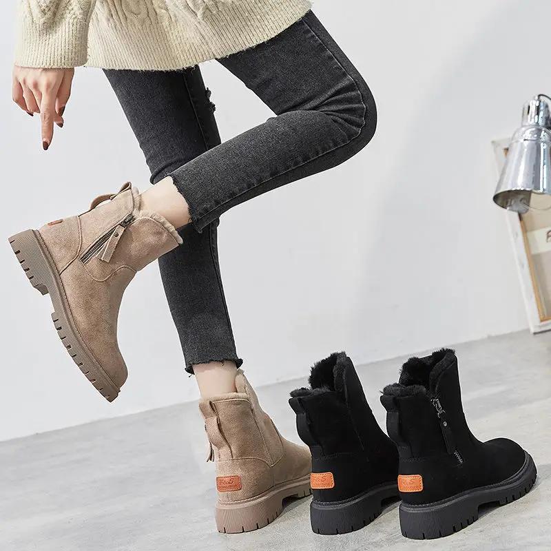 New Style Round Toe Warm Plush Fur Boots Woman Winter Fashion Solid Color Side Zipper Snow Boots For Women