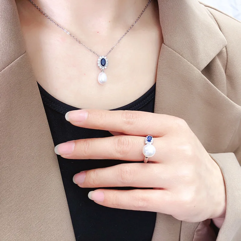 Fashion high quality Blue zircon bride Natural 7-8MM Freshwater Pearl Necklace Earrings Ring 3pcs jewelry set