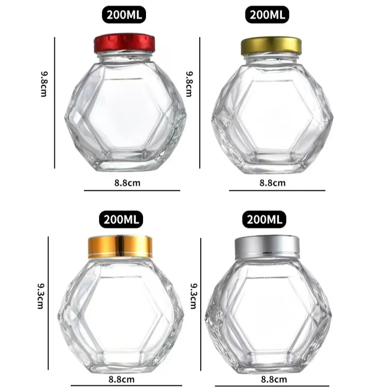 High quality 100ML 180ML 220ML 280ML 380ML Hexagon Glass Honey Storage Bottle Jar With Wooden Stick and black metal lid