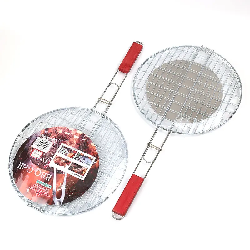 Fish Meat Roast Grates Wood Handle Metal Cooking Round Grid Net Barbecue Grill Wire Mesh BBQ Accessories