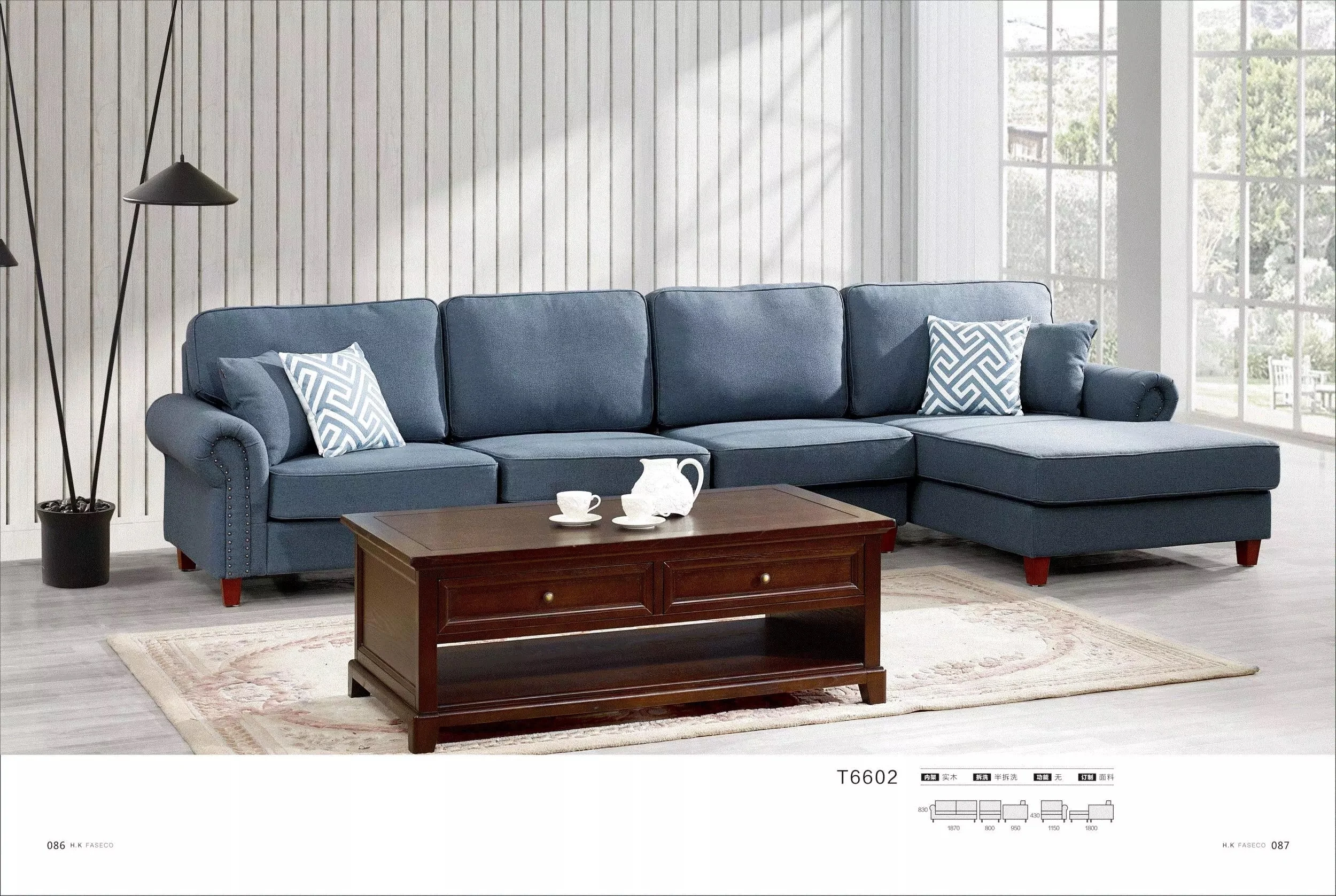 
Luxury Modern north european style velvet fabric corner 5 seater sofa set 