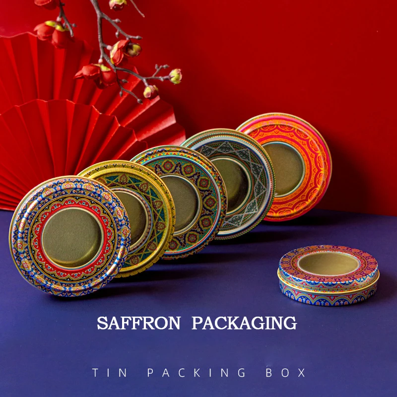 Custom Hot Sale Luxury  Saffron Packaging Tin Box  with Window Small Round Fancy Metal Gift Box