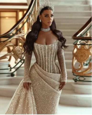 New Luxury Silver Evening Dress Fairy Sequin Strapless Dress Noble Elegant Slimming Banquet Fishtail Dress