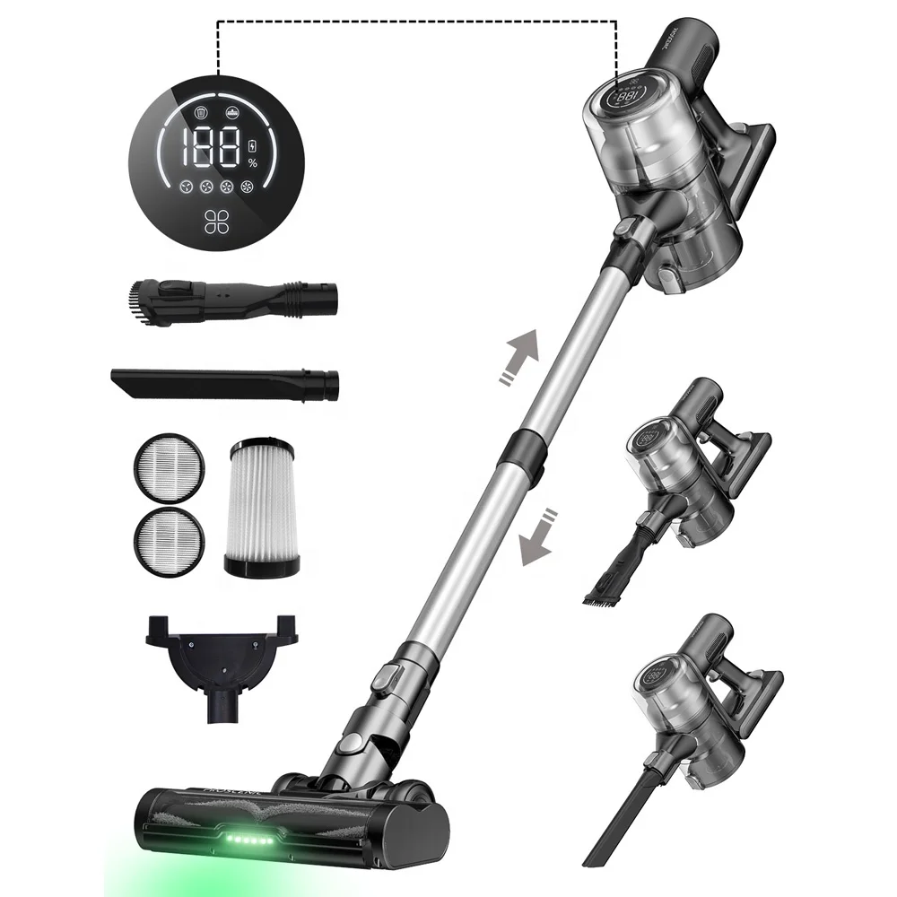 Proscenic P12 Cordless Vacuum Cleaner, Stick Vacuum with Anti-Tangle Brush & LED Touch Display, green light detection, 28KPA