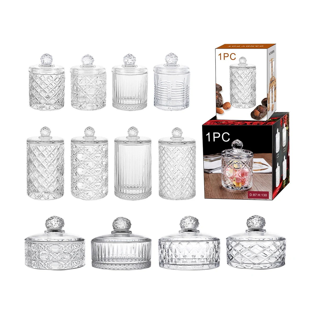 Stock clear engraved glass candy jar 3 layers stackable decorative glass food container with lid glass sugar bowl for cork nut