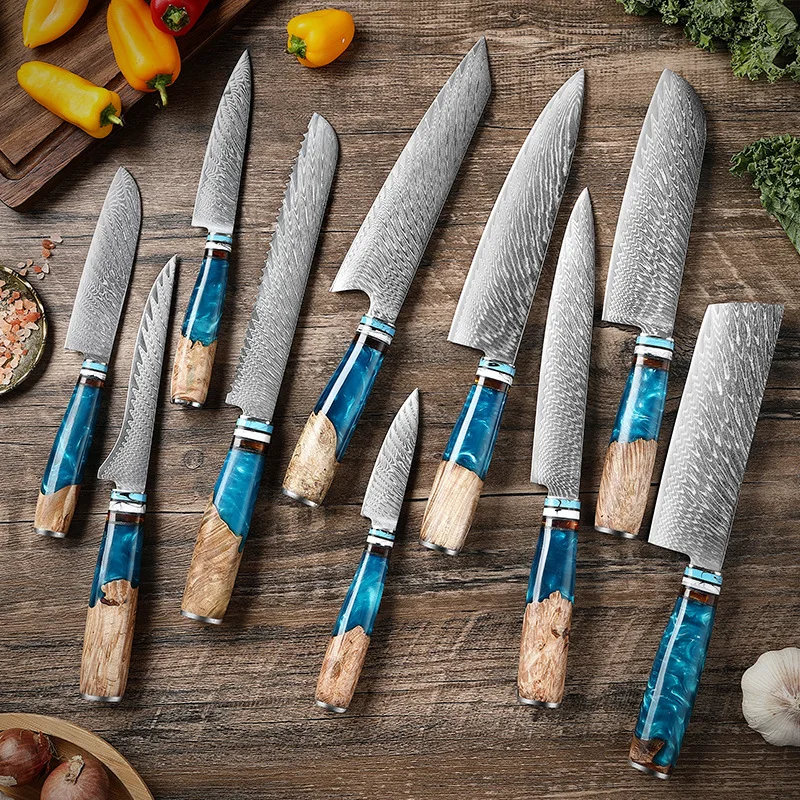 Luxury Blue Resin Handle Damascus Steel Knife Chef  Cooking VG10 67Layers Japanese Kitchen Knives Damascus Knife Set
