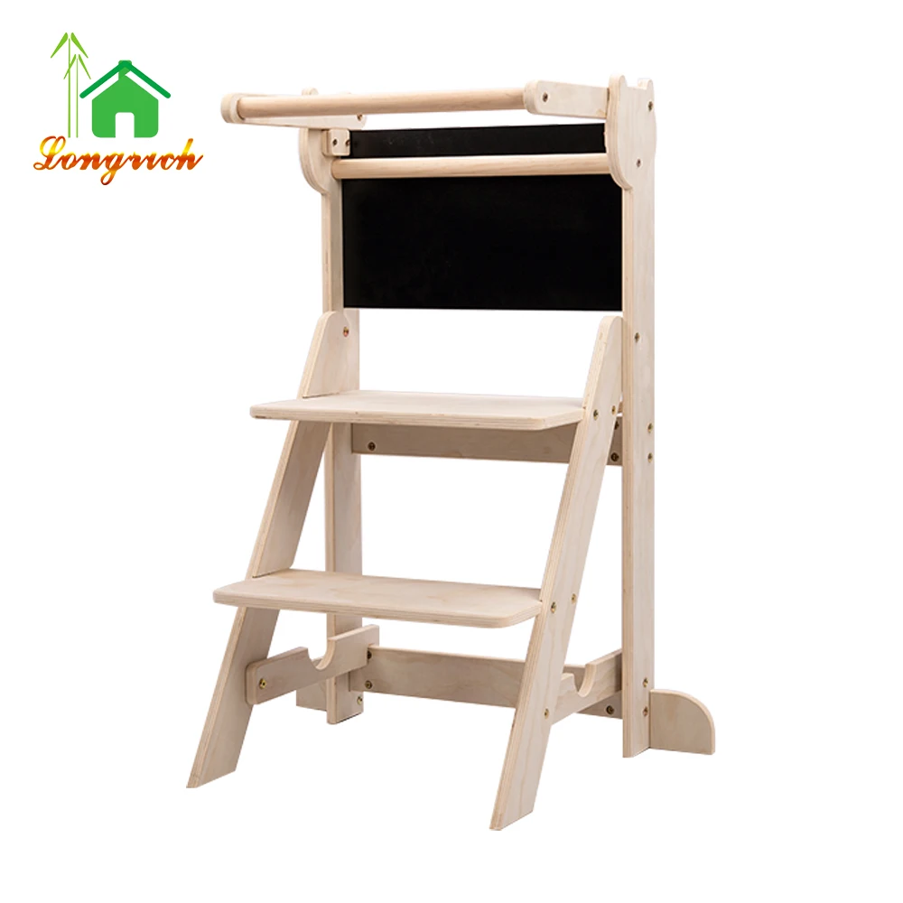 Foldable Kitchen Step Stool for Kids - with Safety Rail & Chalkboard Anti-Slip Feet Kitchen Stool Tower for Counter Kitchen