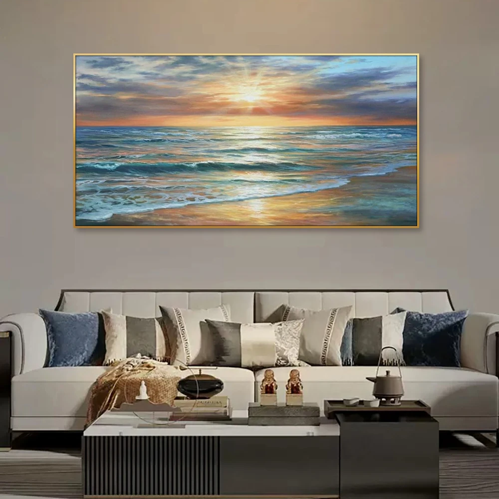 Sunset Ocean Beach Oil Painting Wall Art Natural Seascape Poster Stretched Framed Canvas Print for Home Living Room Decor