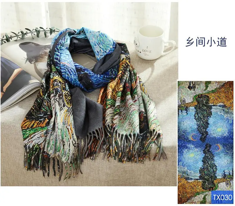 silk like print scarf customized famous painting large size shawl for women spring