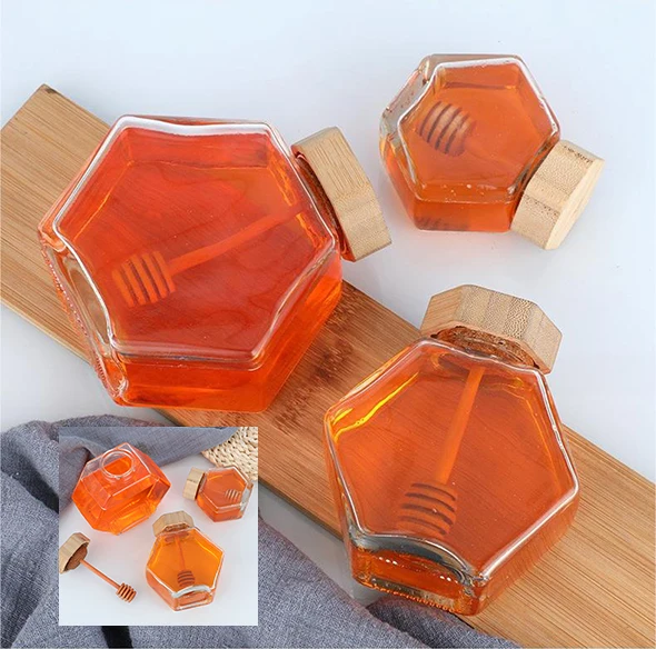 Custom Logo 220ml 380ml Empty Luxury Stirring Dipper Hexagonal Jelly Jam Glass Honey Jar