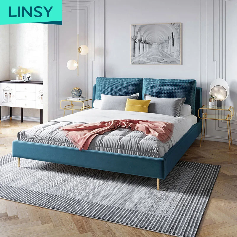 Linsy Luxury Bed Room Furniture Set King Size Double Modern Velvet Tufted Fabric Bed R293